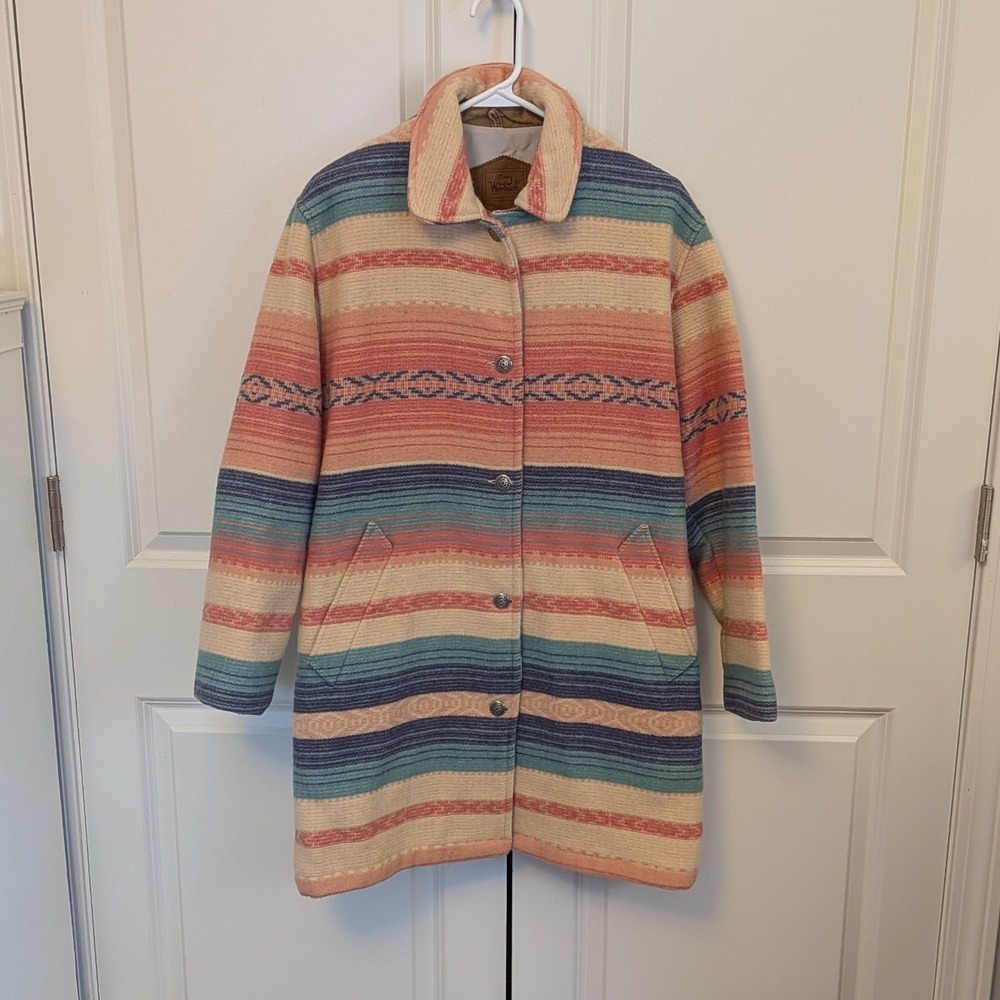 Vtg Woolrich Womens Southwestern Aztec Wool Blanket Coat Sz Small Pink Striped
